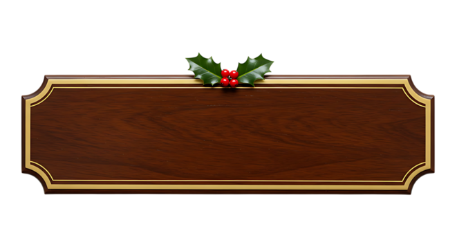 Festive blank wooden plaque adorned with holly berries, perfect for holiday greetings and celebratory messages on a transparent background.