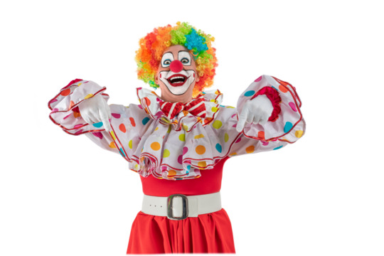 Funny clown pointing up at blank template copy spase for advertising, posters, greetings, invitations. Entertainer as Joker in a suit and wig, with clown whiteface makeup.
