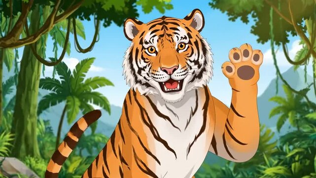 A cartoon tiger sits in a lush jungle setting with vines palm trees and distant mountains