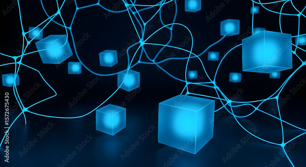 Poster abstract network glowing cubes connected by lines in dark space