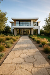 Fototapeta premium Modern two-story house with pathway and lush landscaping in front