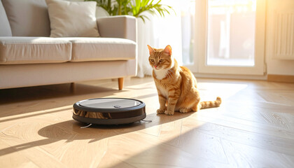 robot vacuum cleaner cleans a modern living room with funny cat