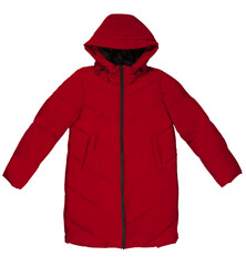 Red winter jacket with hood, isolated background