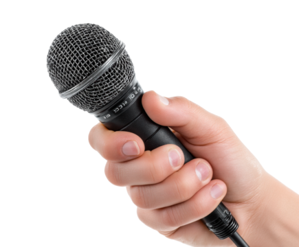 Public speaking event microphone in hand view. Isolated on transparent background, png.