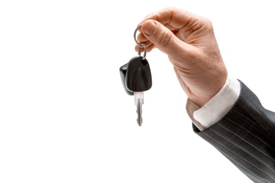 Concept of selling or renting a car. Hand of man in formal suit holding car keys on isolated background