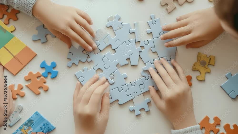 Poster children's hands assembling a light blue puzzle on a white table, with scattered colorful puzzle pie
