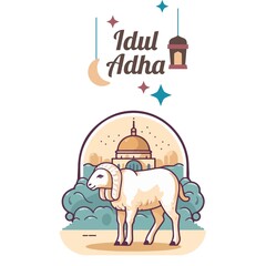 Idul Adha Celebration Illustration with Mosque and Sacrificial Goat. 