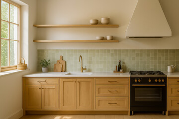 Fototapeta premium Modern kitchen interior with wooden cabinets and green tiles