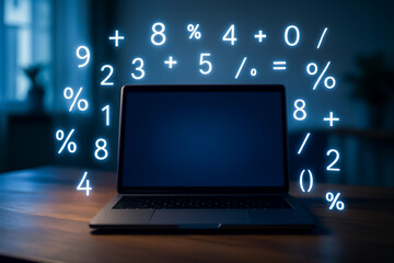 Abstract representation of mathematics around a laptop in dark room