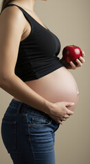 Pregnant Woman Holding Red Apple Against Her Belly in Profile