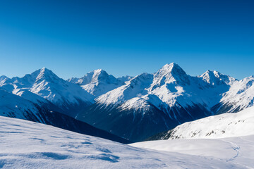 Snow-covered mountain range under clear blue sky landscape
