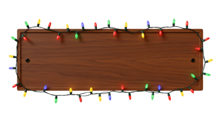 Festive Christmas lights frame a wooden sign on a transparent background creating a joyful holiday display or announcement area.