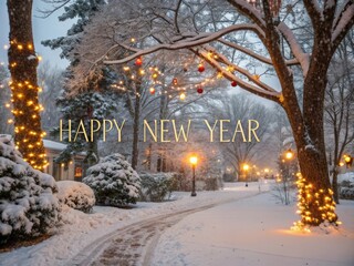 Christmas and New Year background with text Happy New Year. Winter landscape.