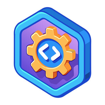 Orange gear with white angle brackets inside blue hexagon technology icon code programming