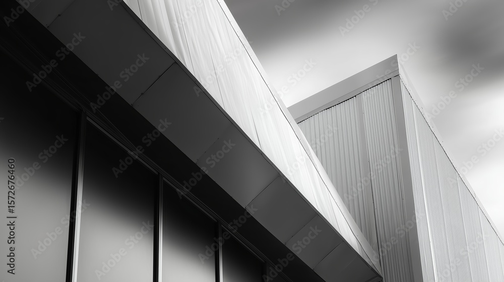 Poster modern architectural design with sleek lines and contrasting textures under a cloudy sky