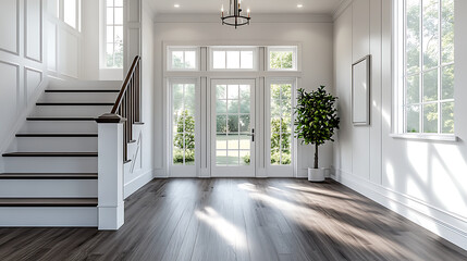 Modern Farmhouse Foyer with Gray LVP – Entryway featuring rustic charm and sleek gray wood-look flooring in a bright, plant-accented space