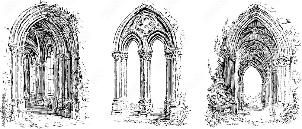 Poster black and white engraving of gothic architecture arches and columns - retro design for artistic proj