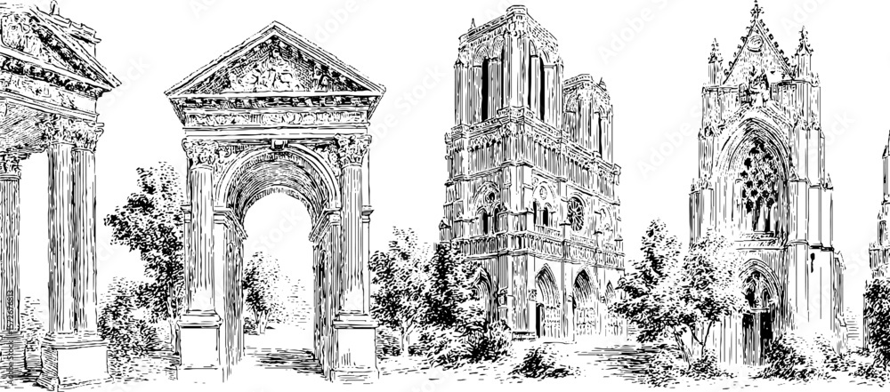 Poster vintage architectural sketches of classical structures and monuments