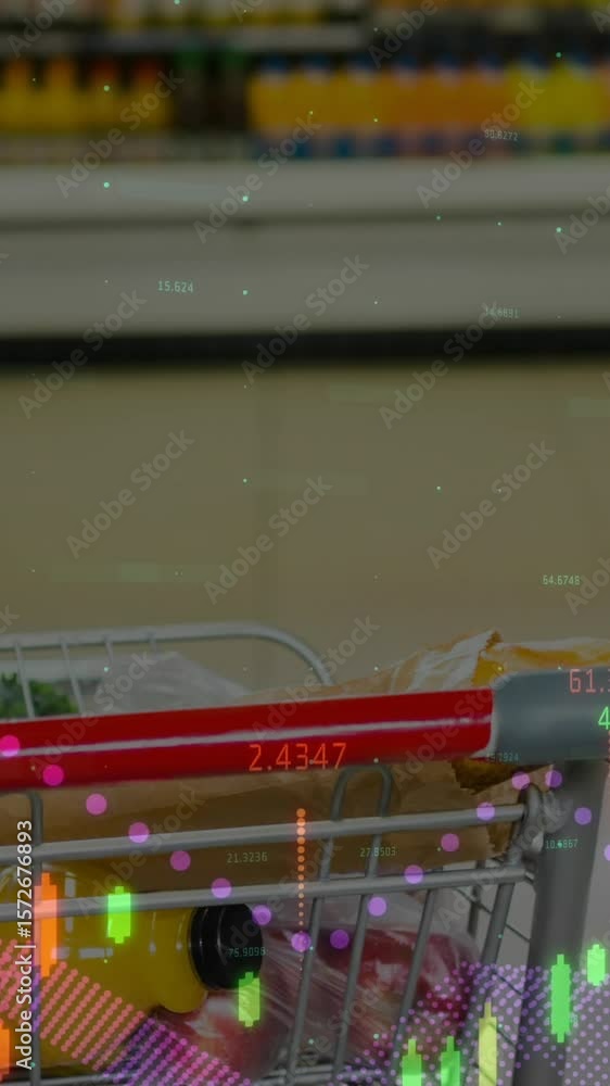 Poster animation of data processing over trolley in shop