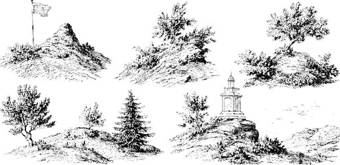 Fototapeta premium Vintage black and white engravings of landscapes with hilltops and trees