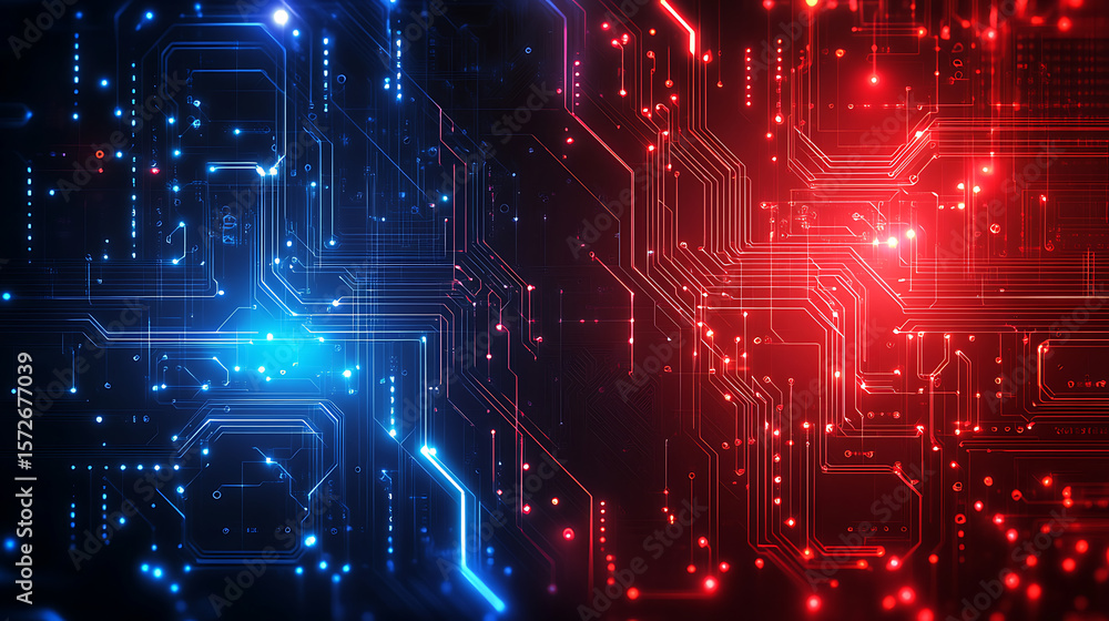 Poster cyberpunk neon tech background – abstract ai-generated wallpaper with glowing red and blue circuitry