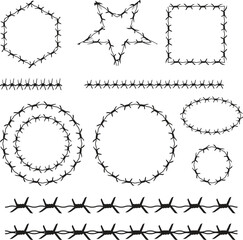 Barbed wire collection silhouette vector. Barbed wire metallic border elements, barb wire set, barb wire icon. Barbed wire fence on the border silhouette