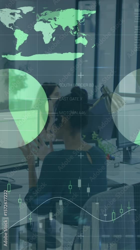 Poster animation of statistical data processing against diverse people working at office