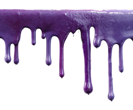 Dripping purple paint action abstract view. Isolated on transparent background, png.