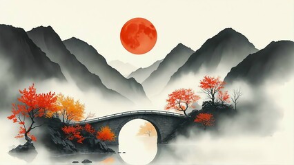 A digital painting in traditional Chinese ink wash style showing a lone figure on a stone bridge surrounded by autumn trees, misty mountains, and a red sun in a minimal, serene landscape.