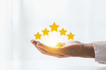 Customer or client with stars to complete five stars. Product or service review ideas from customer, reviews from customer and service of store to express satisfaction, increase credibility of store.