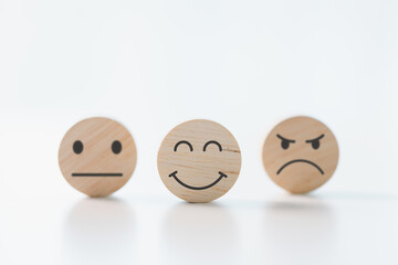Customer showing rating with happy icon, Customer satisfaction survey concept, Positive feedback from happy client satisfaction with quality of service, marketing surveys, ratings, review, copy space