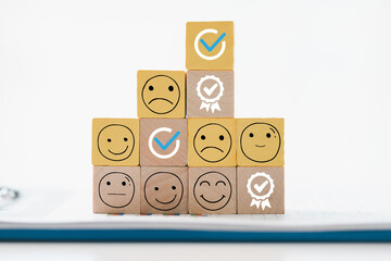 Customer showing rating with happy icon, Customer satisfaction survey concept, Positive feedback from happy client satisfaction with quality of service, marketing surveys, ratings, review, copy space