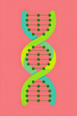 A colorful DNA double helix, with vibrant green and blue strands, and a yellow inner structure, floats against a solid pink background, symbolizing life science