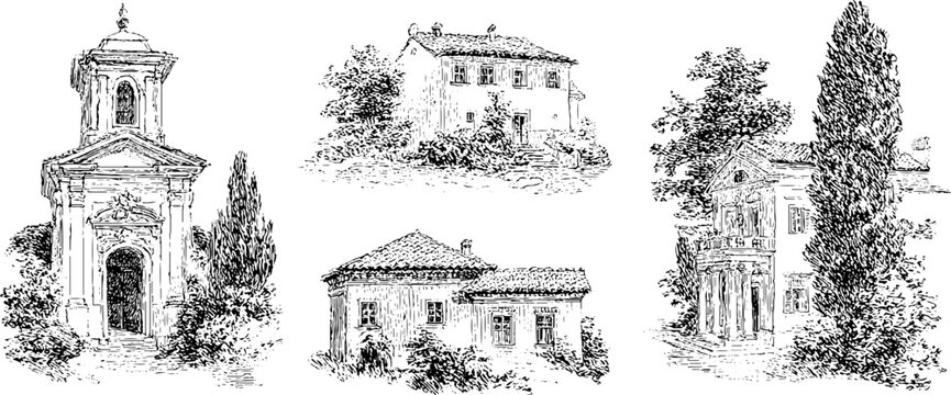 Vintage architectural sketch set: hand drawn black and white european buildings illustration