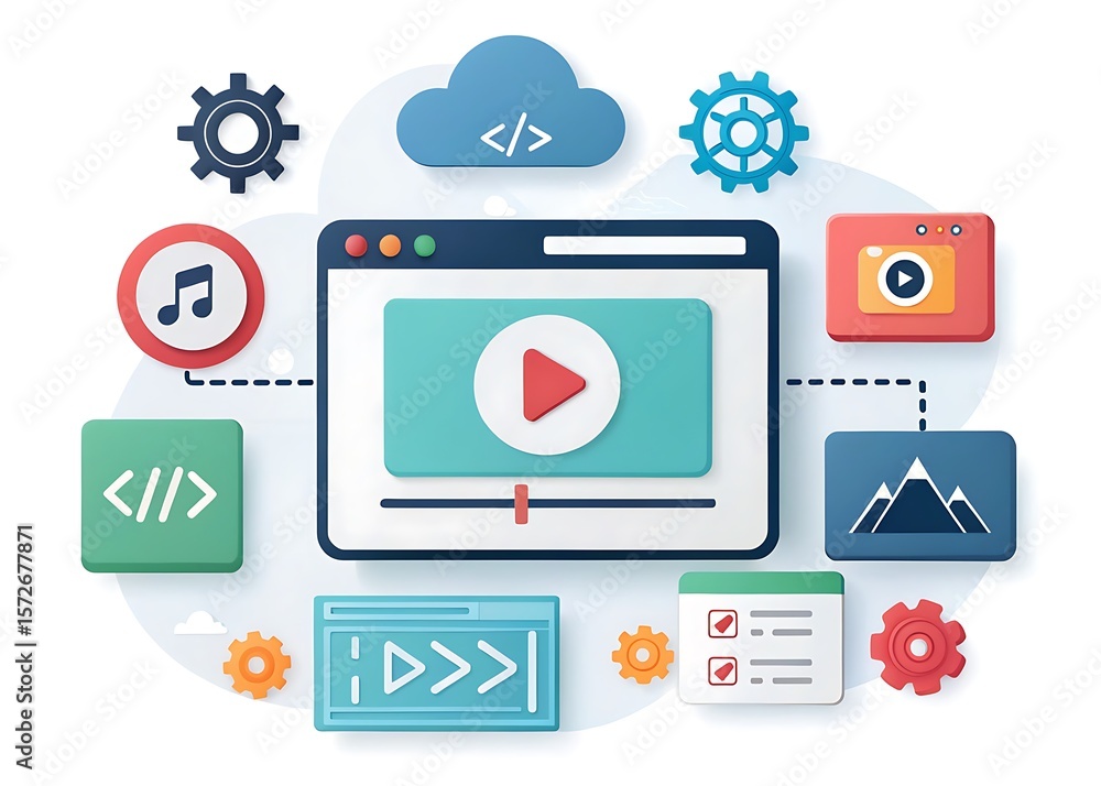 Wall mural 3d web vector style illustration of video player with gallery, coding, and seo icons