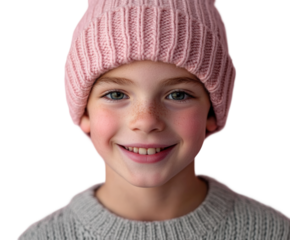 Cheerful child smiling in pink beanie portrait warm atmosphere. Isolated on transparent background, png.
