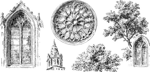 Intricate black and white engraving set featuring gothic architecture and nature elements