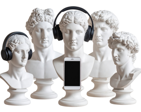 Classical Sculpture Collage Holding Modern Gadgets, Isolated on Transparent Background PNG