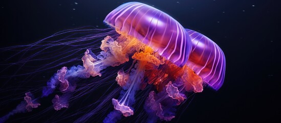 Fototapeta premium Abstract translucent jellyfish glowing with purple light in deep blue ocean water