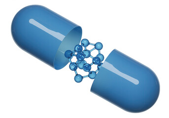 A blue capsule opens to reveal a molecular structure, representing pharmaceutical research and medical treatment isolated on transparent background