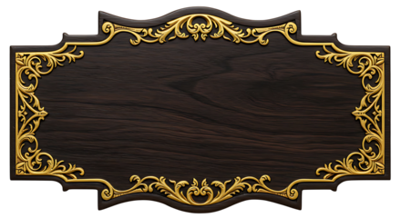 An ornate wood sign with an elegant gold frame displays a rustic yet refined style, perfect for branding and announcements.
