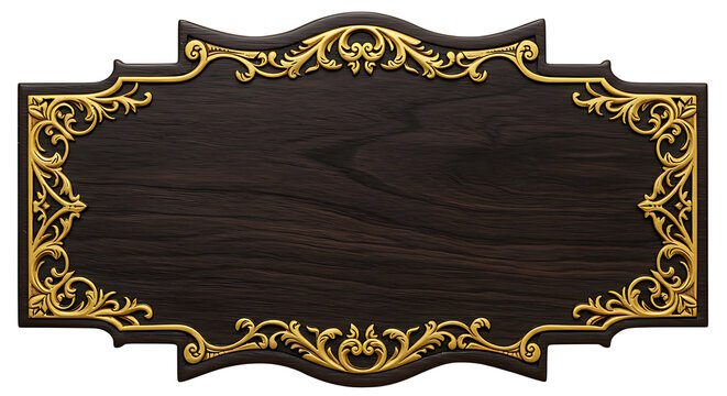 An ornate wood sign with an elegant gold frame displays a rustic yet refined style, perfect for branding and announcements. - Powered by Adobe