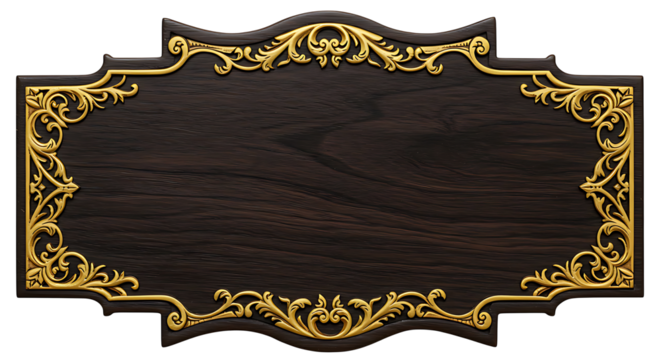 An ornate wood sign with an elegant gold frame displays a rustic yet refined style, perfect for branding and announcements.