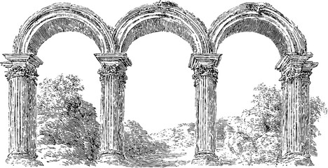 Vintage architectural columns and arches illustration - hand drawn engraving for design projects