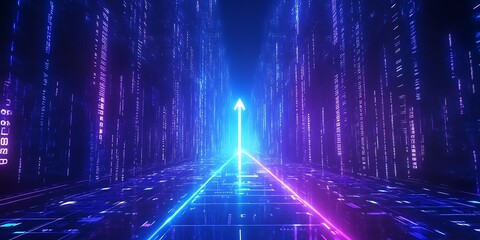 Digital arrow pointing upwards in a blue tunnel