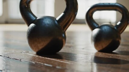 Two kettlebells sit on a wooden gym floor, sunlight streaming in from a nearby window, creating a peaceful atmosphere before an intense workout - Powered by Adobe