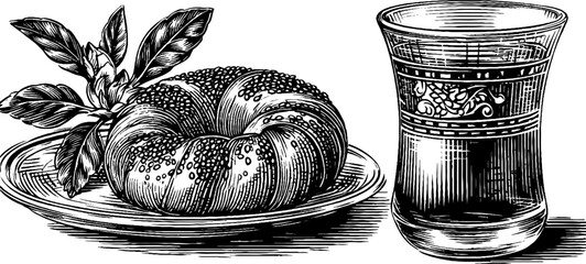 Vintage black and white engraving of pastry and ornate glassware for decorative purposes