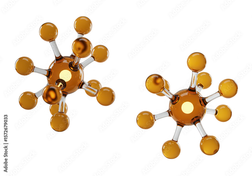 Poster two molecular structures with amber spheres connected by clear rods are isolated on white isolated o