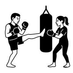 Martial Arts Training: Man and Woman Sparring with Punching Bag
