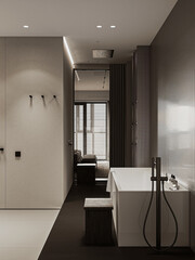 Modern bathroom interior, modern bathroom cabinet, white double sink and bathtub, wooden floor, bathroom accessories and shower, 3D render